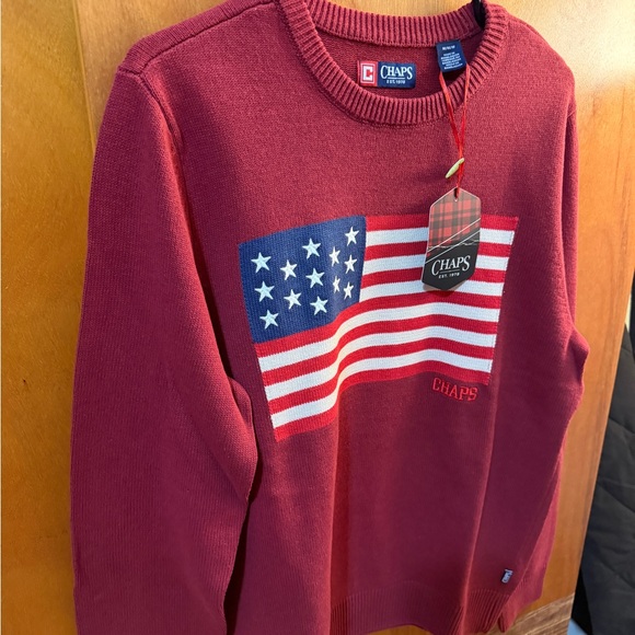 Chaps Polo Men's Burgundy Sweater with American Flag Design